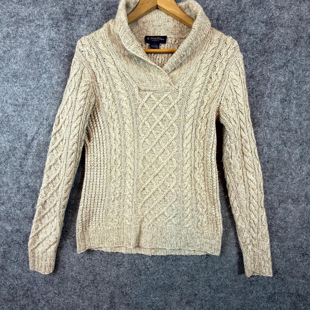 Brooks Brothers Sweater Women L Tan Cable Knit Silk Cashmere Shawl Collar Preppy